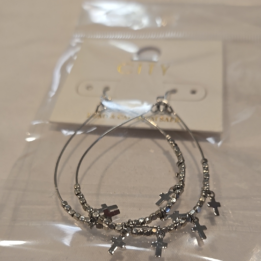 Silver Hoop Earrings With Cross Charms